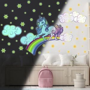 Image de Ambiance Sticker Phosphorescent Lumineux Autocollant Mural Plafond Enfant Fluorescent Licorne sur Arc-en-Ciel - H30 x L40 cm