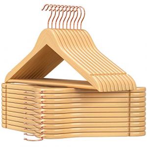 Songmics Cintres en Bois, Lot de 20, Cintres pour Costumes, antiengin avec encoches, Crochet Rotatif à 360° en Rose Gold, pour Vestes, Chemises, Pantalons, Couleur Boisée CRW001N01