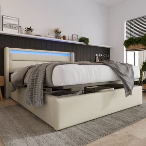Wishdor - Lit coffre Lit adulte double 160 x 200 cm avec led et télécommande, blanc