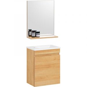 Sobuy BZR169-SET Meuble Suspendu pour Lavabo avec miroir Meuble sous vasque avec miroir Ensemble de Lavabo en céramique avec miroir Meuble