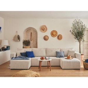 Canap&eacute; panoramique 7 places en u en velours c&ocirc;tel&eacute; beige