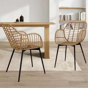 Idmarket Lot de 2 chaises de salle à manger, fauteuils de table summer effet rotin pied métal noir