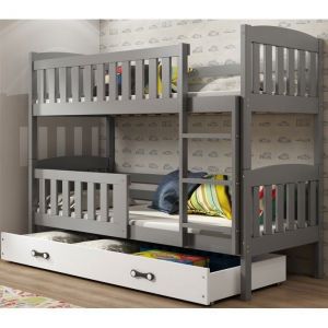 Lit superposé quba 90x200 Bois Massif, Pin, Barrière, Sommier, Tiroir, Séparable en 2 lit (Gris+blanc)