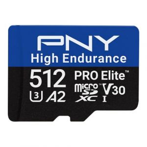 PNY Carte mémoire microSDXC 512Go Pro Elite High Endurance C10 U3 V30 A2 – Jusqu'à 100/90 Mo/s en Lecture/écriture, 4K UHD, Full HD, UHS-I, Surveillance, Enregistrement continu, caméra embarquée