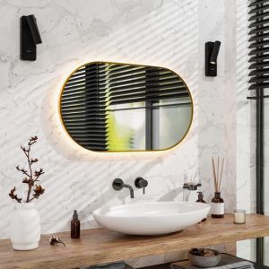Mirlux Miroir de salle de bain avec éclairage LED et chauffage - Miroir mural ovale - Cadre doré - 90x50CM