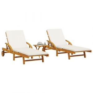 VidaXL Chaises longues lot de 2 avec table bois massif d'acacia, lit de bronzage, chaise longue d'extérieur, lit de jour d'extérieur