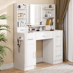 Coiffeuse - TANANT - Miroir LED - 7 Tiroirs - USB - Support S&egrave;che-Cheveux