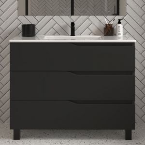 Meuble de salle de bain 90cm simple vasque - 3 tiroirs - sans miroir - noir - MATA