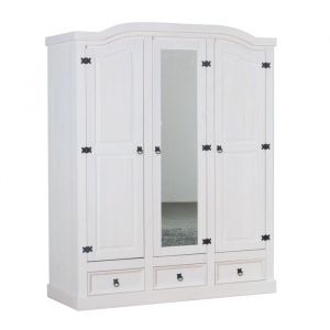 New Mexico Armoire 3 portes avec une porte miroir, 2 portes lambriss&eacute;es et 3 tiroirs, en blanc cir&eacute;.