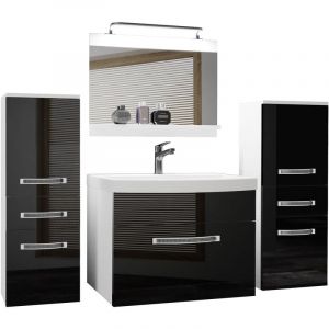 Meuble de Salle de Bain Lavabo Inclus, Meuble sous-Vasque, Miroir et 2X Cabinet Largeur: 140 cm Kit d'éclairage Inclus Couleur : Noir très Brillant