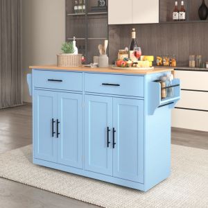 Desserte de cuisine bleu avec plateau rabattable, avec roulettes et pieds en bois interchangeables, pour cuisine et salle à manger
