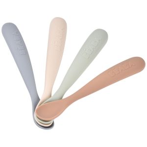 Beaba Lot de 4 Cuillères en Silicone Bébé/Enfant 1er Âge - Dès 4 mois, Souple - Bout arrondi - Manche long et Ergonomique, Finition Anti Poussière, Silicone non collant, Natural