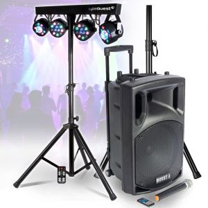 Enceinte Active BOOST Portable Autonome - 800W -15/38CM USB BLUETOOTH, Support, 1 MICRO VHF, Portique Lumières pour Sono DJ Fête
