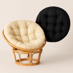 Fauteuil Papasan en Rotin avec 2 Coussins - Blanc et Noir - Chaise pour Extérieur ou Intérieur - D 110 cm x H 90 cm