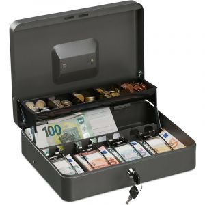 Relaxdays Caisse à monnaie, verrouillable, compartiments pour pièces et billets, fer, HLP 8,5 x 30,5 x 24,5 cm, gris