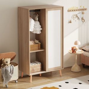 Armoire enfant 80x46x141.5 cm - Tringle à vêtements - 2 portes coulissantes - Pieds en bois massif - Blanc+naturel