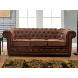 Chesterfield Canape 3 Places En Microfibre Aspect Cuir Vieilli
