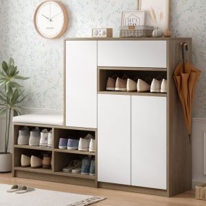 Meuble à chaussures 140x35x110cm - Banc de rangement avec siège rembourré, tiroir, portes, étagères réglables - Blanc