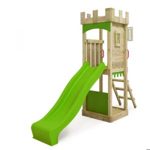 Fatmoose Tour de jeux Portique d'escalade TreasureTower avec toboggan, tour d'escalade avec bac à sable, Échelle & accessoires de jeu – vert pomme