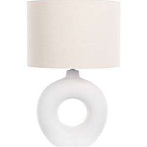 Beliani Lampe à Poser en Céramique Blanche Base Anneau Lumière Ambiante Abat-Jour Lin Venta - Blanc