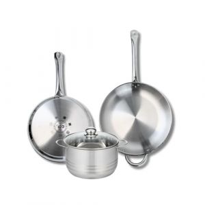 Fackelmann ELO 9881750 Batterie de cuisine 3 pièces, Ensemble de 2 Poêles de cuisson 28 et 32 cm et 1 faitout 20 cm Elo Profi Brillant, inox, induction