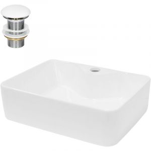 Ecd Germany - Lavabo Carré en Céramique, 480x380x140 mm, Blanc, avec Garniture de Vidage 1 1/4, pour Lavabo sans Trop-Plein, Vasque à Poser, Évier