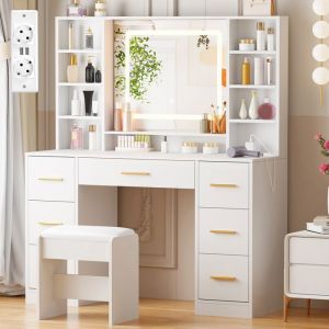Coiffeuse 100 &times; 40 &times; 140 cm, avec Ports USB et Prises, LED R&eacute;glable, Miroir et Tabouret, 7 Tiroirs de Rangement, Blanc