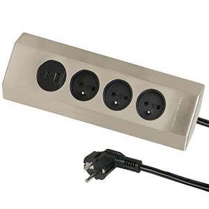 Electraline 35458 Bloc Multiprise cuisine d&rsquo;Angle en inox, Facile &agrave; fixer au mur, avec 3 prises norme fran&ccedil;aise 16A + 2 Port USB 3.1A (1 type A et 1 type C) 15.5W, C&acirc;ble 2M H05VV-F section 3G1.5 mm