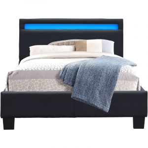 Angel - Solide et Confortable Lit 120x190 avec Sommier + Tête de Lit avec Eclairage led Couleur noir + Pieds en 10 cm pour matelas en - 2 x 13 Lattes