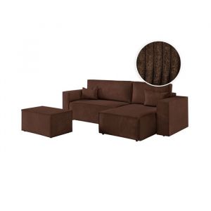 Loungitude PACK - CLARISSE - Canap&eacute; d'angle convertible r&eacute;versible avec pouf en velours c&ocirc;tel&eacute; - Marron