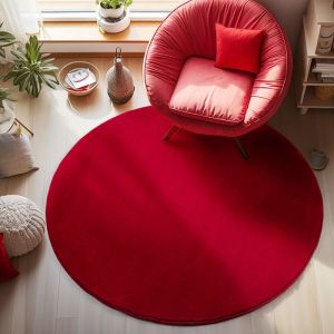 Tapis à Poils Ras, Couleur Rouge, Unicolor - Monochrome, 112295, Tapis Ronde, Tapis Salon-Salle à Manger ou Chambre, 200 cm Rond