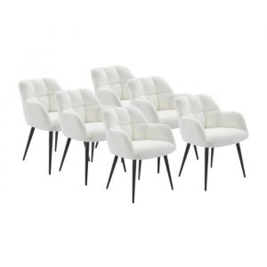 Lot de 6 chaises avec accoudoirs - Tissu bouclette et métal - Blanc - PEGA
