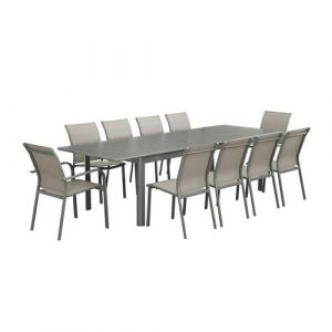Table de jardin extensible aluminium et textil&egrave;ne kaki 8 chaises 2 fauteuils 10 places 290 x 100 x 75 cm