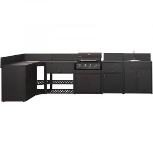 Cuisine ext&eacute;rieure 6 modules acier avec barbecue gaz 4 br&ucirc;leurs noir - Thira + Grimaud