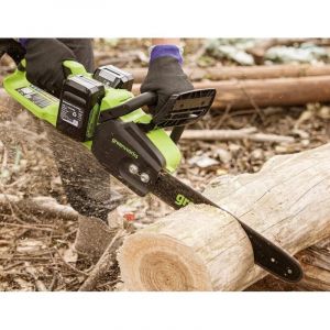 Greenworks Tronçonneuse à Batterie Moteur Sans Balais, Longueur des barres 14 Pouces (35cm), Vitesse 20 m/s, Graisseur Automatique, 2 Batteries 24V 4Ah et Chargeur Double, Garantie 3 Ans-GD24X2CS36K4X