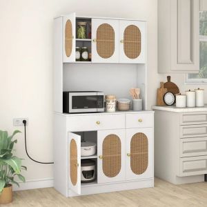 Buffet de Cuisine COSTWAY, Station de Recharge, 6 Portes en Rotin, 2 Tiroirs, 4 &Eacute;tag&egrave;res R&eacute;glables, pour Salon Salle &agrave; Manger,Blanc