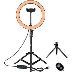Studio ME - Ring Lamp Black XL - 26cm/ 10 inch - Trépied ajustable - INCL Mini Tripod - USB Desk Ringlight - Phone Holder - Bluetooth Remote Control