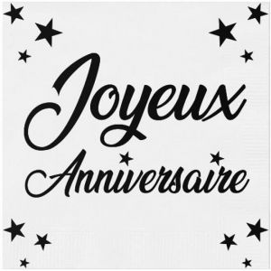 Serviette de table Joyeux Anniversaire blanc et noire métallisée (x24) REF/STAM00BA