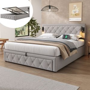 Lit coffre 180x200cm en tissu lin - avec liseuse et prise usb - avec sommier à lattes - Gris