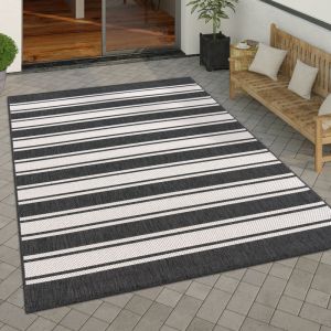 Paco Home - Tapis Exterieur Terrasse Balcon Tapis Cuisine Moderne Motif Geometrique Motif Abstrait 150 cm carr&eacute;, Anthracite-Blanc