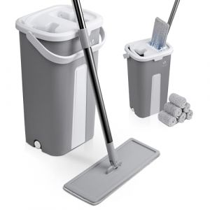 Balai microfibre et Seau Essoreur avec 6 serpillères Réutilisables Balai Plat Double compartiment gris