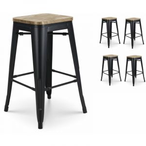 Kosmi Lot de 4 tabourets de bar en métal noir mat style industriel et assise en bois clair - Hauteur 66 cm