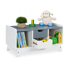 Image de Relaxdays Étagère pour enfant pour livres et jouets, avec 4 tiroirs, bébé, unisexe, HxLxP : 30x60x30 cm, blanc/gris