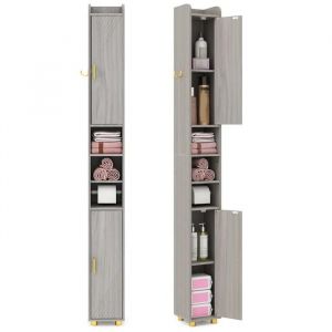 Costway Meuble Colonne De Salle De Bain 20x20x179cm Avec 2 Portes Et Étagères Réglables, Pour Salon, Chambre, Bureau Gris