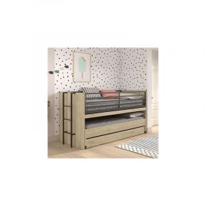 Vipack Furniture Lit 90x190 cm avec 3 couchages et 1 bureau décor chêne