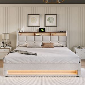 Lit coffre capitonné double Lit ados 140 x 200 cm avec usb et led, sommier en métal, cadre en lin, beige, sans matelas
