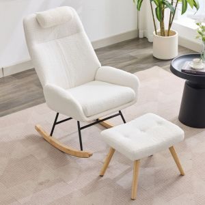 Chaise à bascule, fauteuil, avec appui-tête et repose-pieds, tissu Teddy, blanc