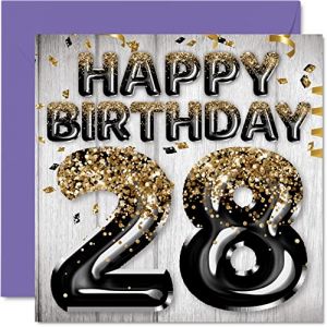 Stuff4 Carte d'anniversaire 28 ans pour homme &ndash; Ballons noirs et dor&eacute;s &ndash; Cartes d'anniversaire pour homme de 28 ans, fils, fr&egrave;re, oncle, cousin, 145 mm x 145 mm