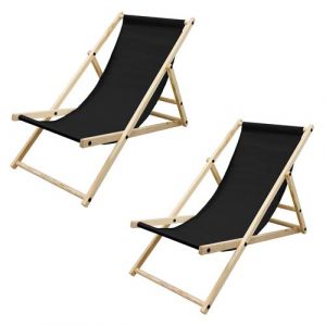 ECD Germany Set 2x Chaises Longue Pliante Bois de Pin, Noir, 120kg, Dossier Réglable à 3