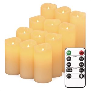 Luft - Bougies &eacute;mouss&eacute;es LED r&eacute;alistes - 12 pi&egrave;ces - T&eacute;l&eacute;commande incluse - Fonction minuterie - Dimmable - Cire v&eacute;ritable - Beige